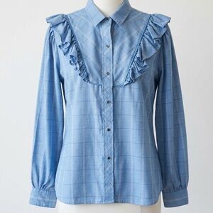 80s Kenny Rogers Western Collection Prairie Ruffle Blouse Blue Pearl Snap USA